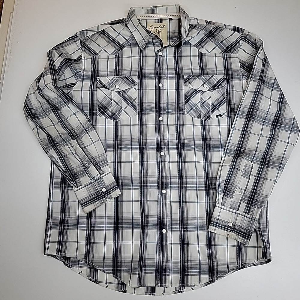 Coastal Mens White Plaid Pearl Snap Western Shirt Sz‎ 2XL Cotton Long Sleeve